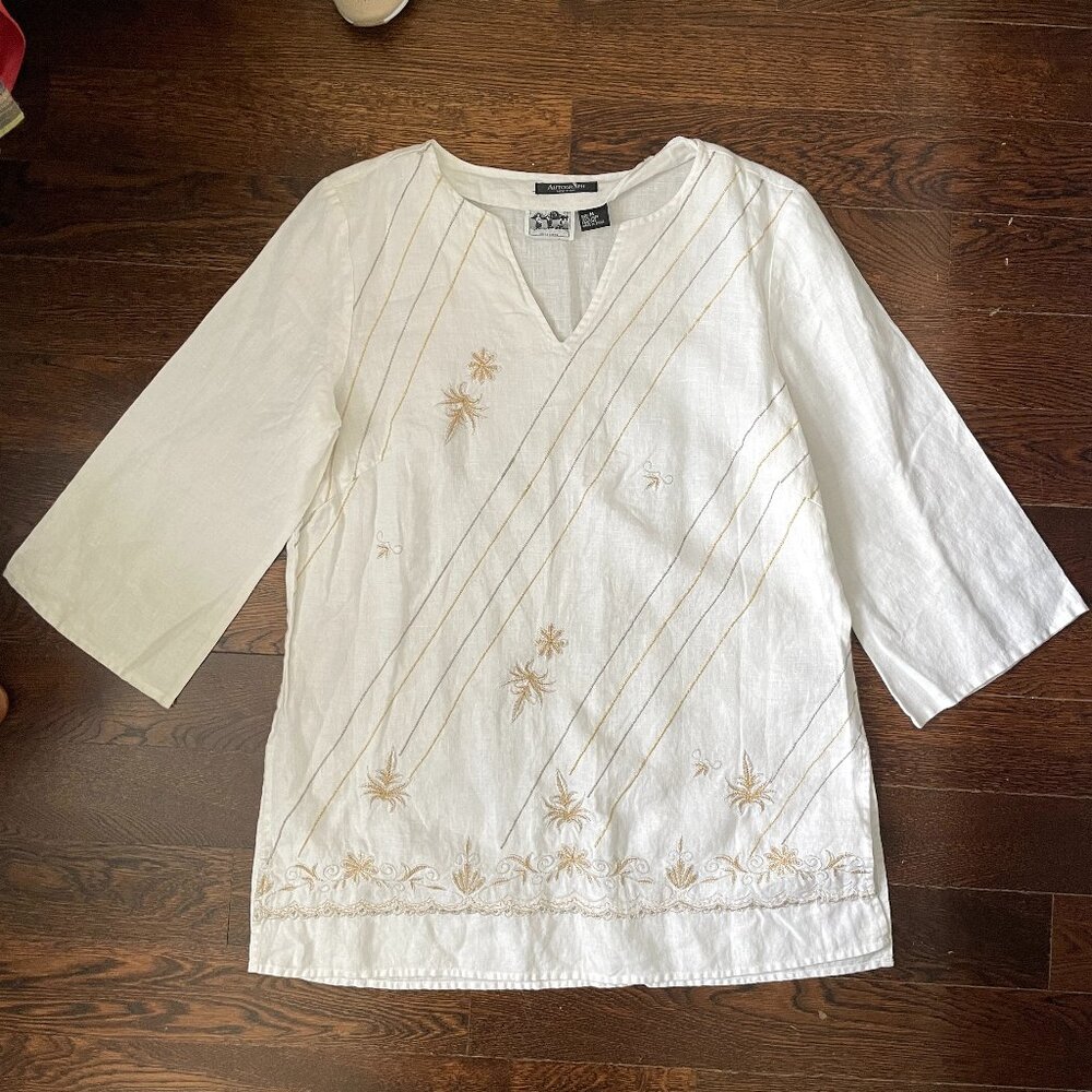 Autograph White 100% Irish Linen Tunic Blouse top withGold/Silver-MED